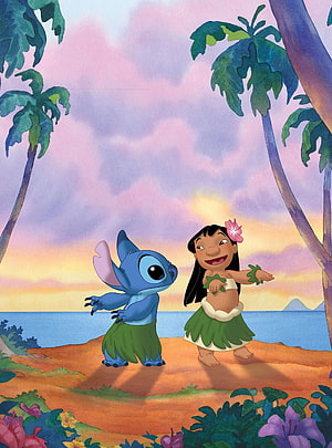 Lilo and Stitch Dancing on a Tropical Beach at Sunset in Watercolor Style HD phone wallpaper