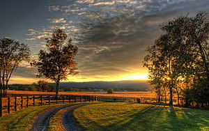 Golden Sunset Over Rural Countryside with Winding Gravel Path and Farm Fence HD wallpaper