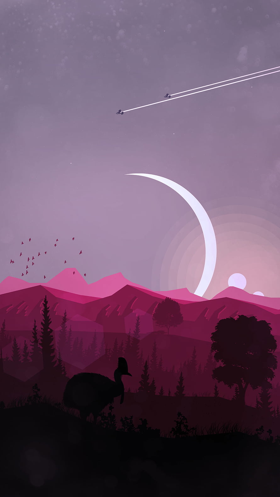 Material Design Landscape with Crescent Moon, Birds, and Emu Silhouette in Purple Tones HD phone wallpaper