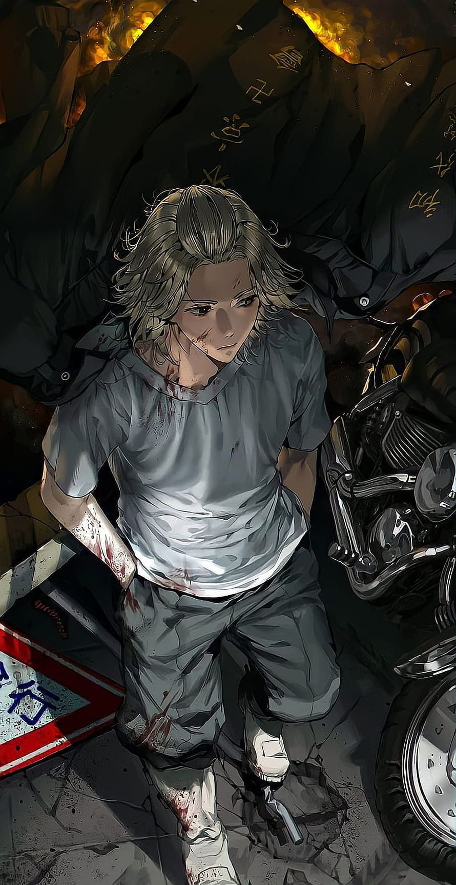 Injured Anime Man With Motorcycle In Dark Urban Setting, Tokyo Revengers, motorcycle, tokyo manji, mikey, gang, fanart, blonde hair, toman, manjiro sano, anime, mobile wa…, tokyo revengers pfp HD phone wallpaper