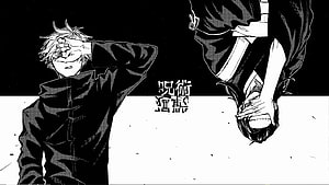Jujutsu Kaisen manga panel featuring Geto Suguru in a dramatic black and white scene HD wallpaper