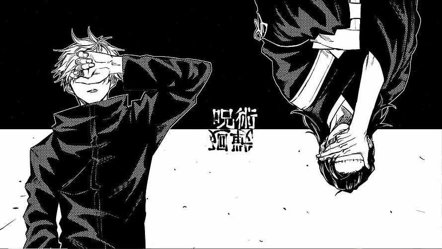 Jujutsu Kaisen manga panel featuring Geto Suguru in a dramatic black and white scene HD wallpaper