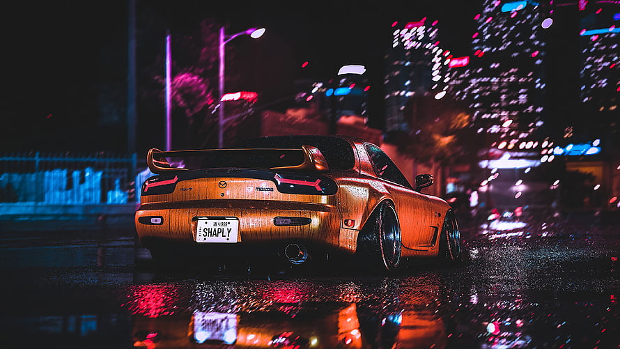 Orange Mazda RX-7 FD Night Drive on Wet City Street with Neon Reflections HD wallpaper