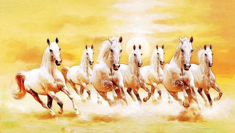 Seven White Horses Galloping Together in a Golden Sunset Landscape HD wallpaper