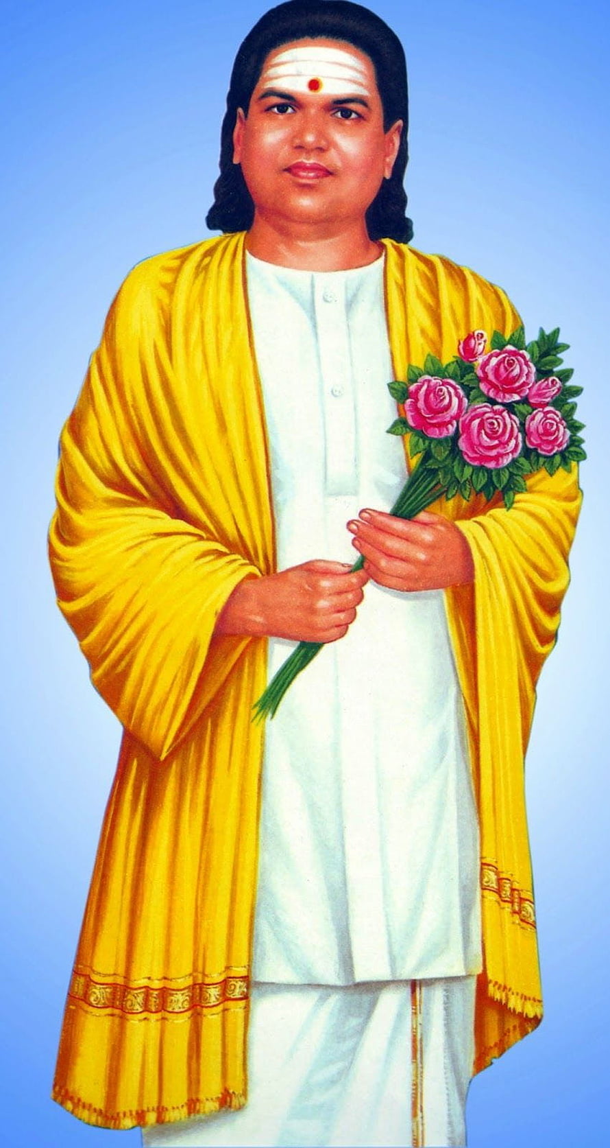 Pasumpon Thevar Ayya Portrait in Yellow Robe Holding Pink Roses HD phone wallpaper