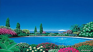 Hiroshi Nagai Tropical Garden Pool Illustration with Vibrant Flowers and Ocean View HD wallpaper