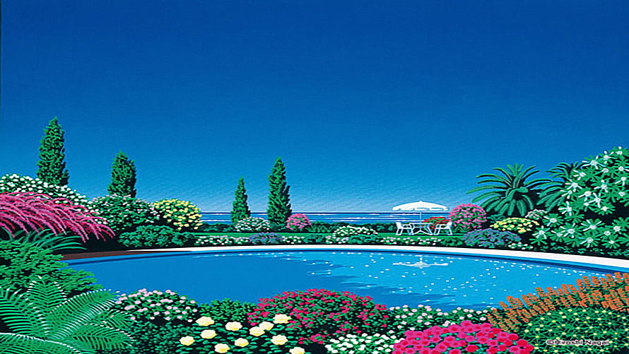 Hiroshi Nagai Tropical Garden Pool Illustration with Vibrant Flowers and Ocean View HD wallpaper
