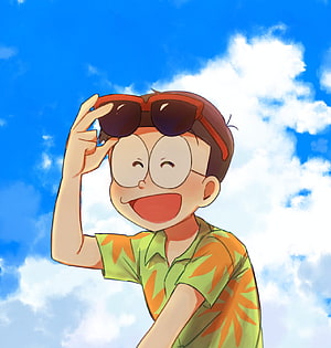 Nobita Nobi from Doraemon Smiling in Tropical Shirt Under Blue Sky HD phone wallpaper