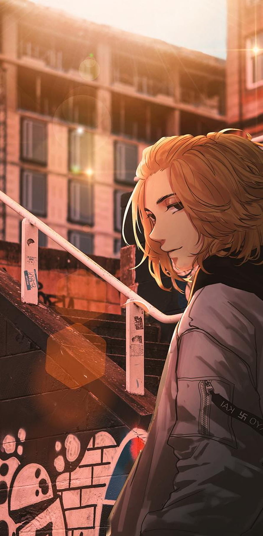 Mikey from Tokyo Revengers anime character in warm sunset light on urban rooftop stairs HD phone wallpaper