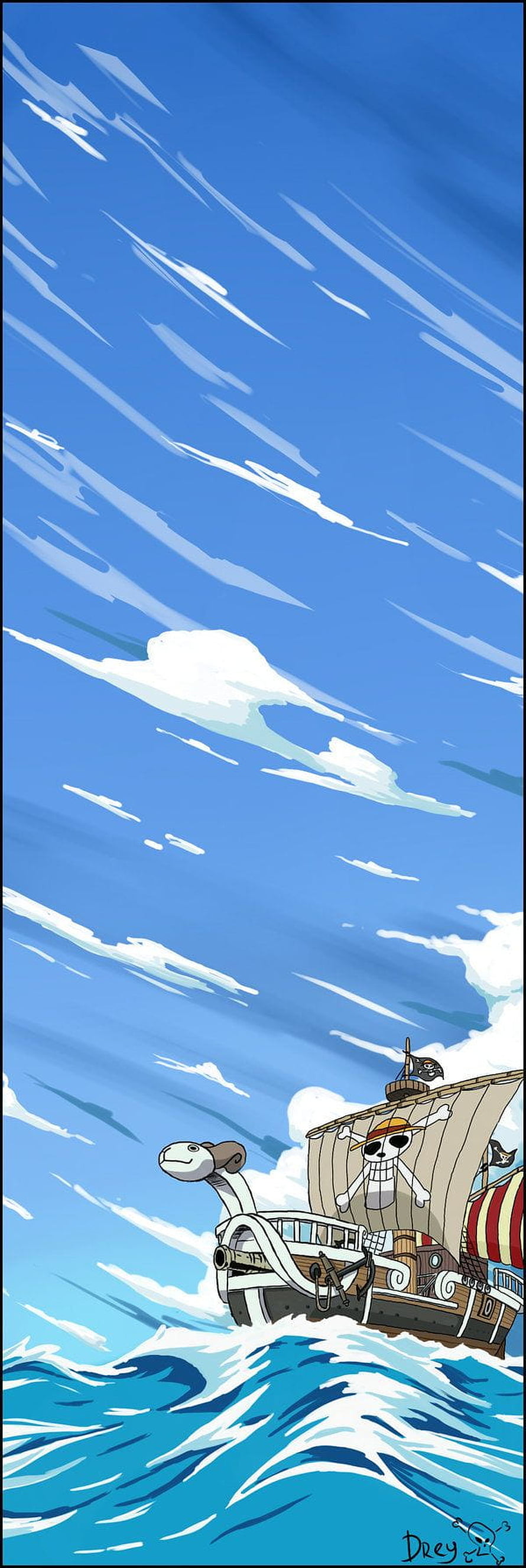 One Piece Going Merry sailing through open ocean under a vast blue sky HD phone wallpaper