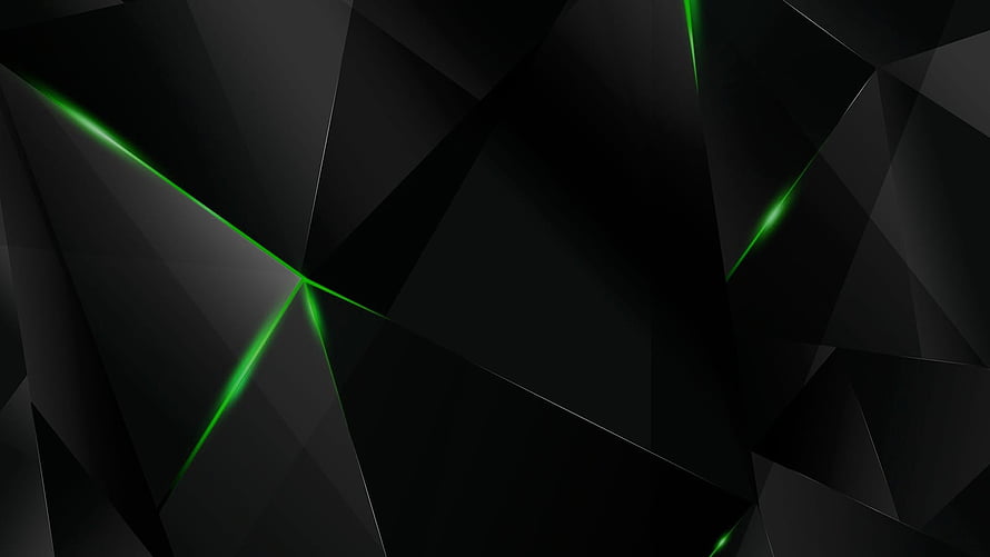 Dark Geometric Abstract Art with Glowing Green Neon Lines on Black Faceted Shards HD wallpaper