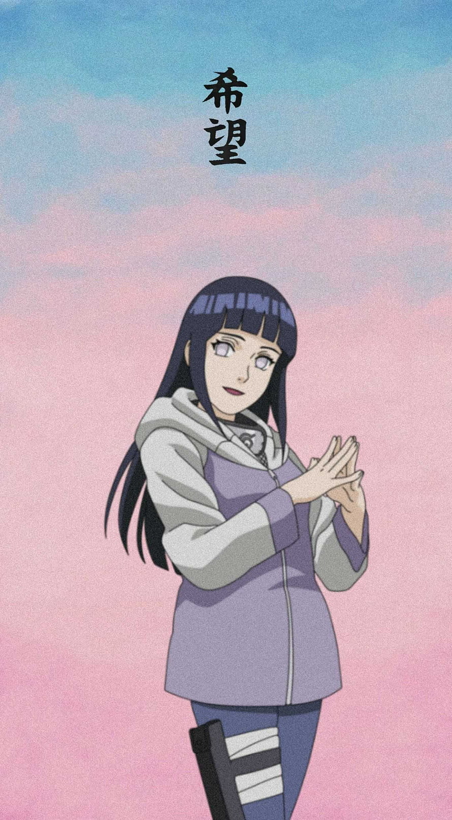 Hinata Hyuga from Naruto in a purple jacket against a pastel pink and blue sky HD phone wallpaper