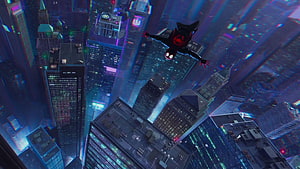 Miles Morales Spider-Man Soaring Over Neon-Lit Cityscape in Spider-Verse Style, spiderman into the spiderverse, #Spider HD wallpaper