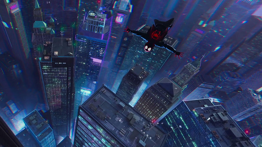 Miles Morales Spider-Man Soaring Over Neon-Lit Cityscape in Spider-Verse Style, spiderman into the spiderverse, #Spider HD wallpaper