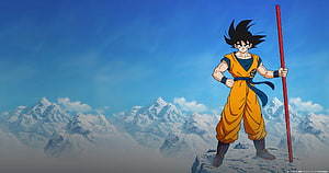 Goku Standing on Snowy Mountain Peak with Staff in Dragon Ball Anime Artwork HD wallpaper