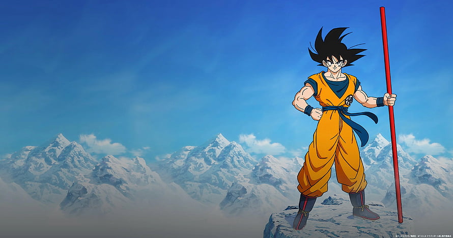 Goku Standing on Snowy Mountain Peak with Staff in Dragon Ball Anime Artwork HD wallpaper