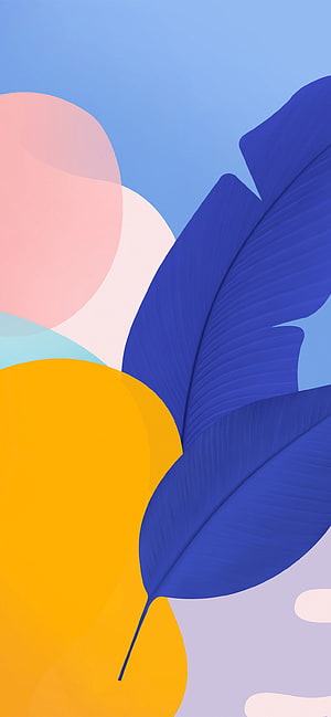 Abstract tropical leaf illustration with bold geometric shapes in blue, yellow, and pink tones HD phone wallpaper
