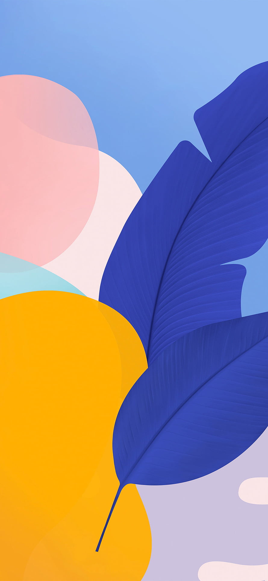 Abstract tropical leaf illustration with bold geometric shapes in blue, yellow, and pink tones HD phone wallpaper