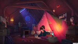 Lofi Girl Reading in a Cozy Attic Bedroom at Night with Warm Lamp Light HD wallpaper