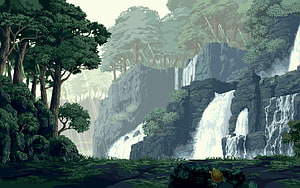 Pixel Art Waterfall Forest Landscape Background HD wallpaper