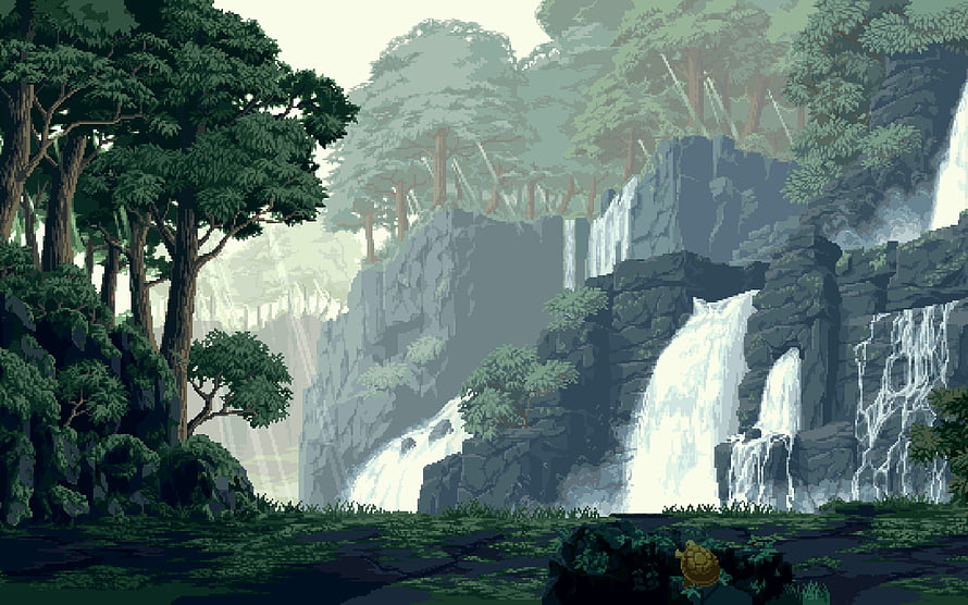 Pixel Art Waterfall Forest Landscape Background HD wallpaper