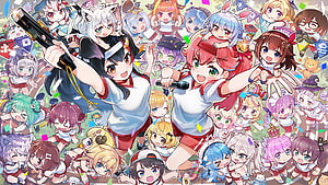 Hololive Members Celebrating in Cheerleader Outfits with Confetti and Microphones HD wallpaper