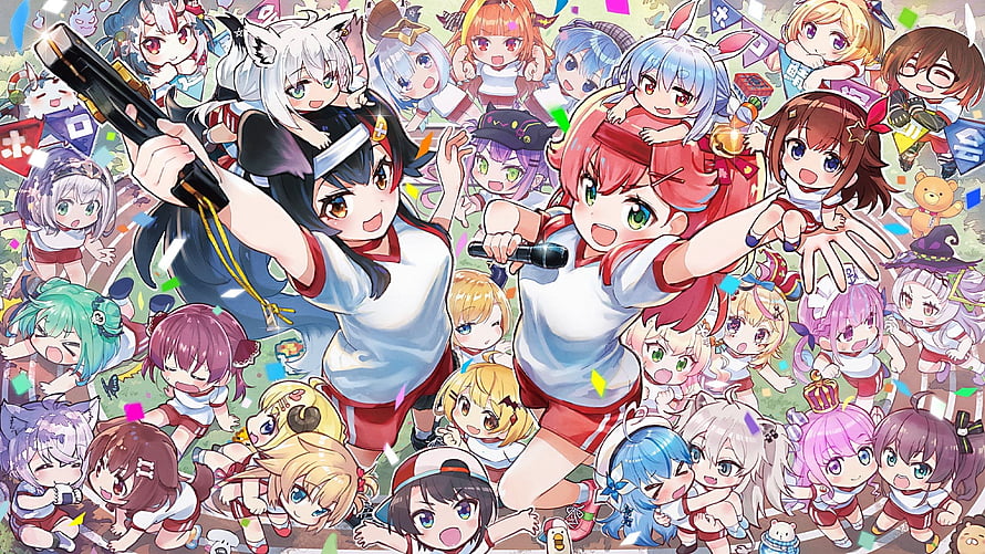 Hololive Members Celebrating in Cheerleader Outfits with Confetti and Microphones HD wallpaper