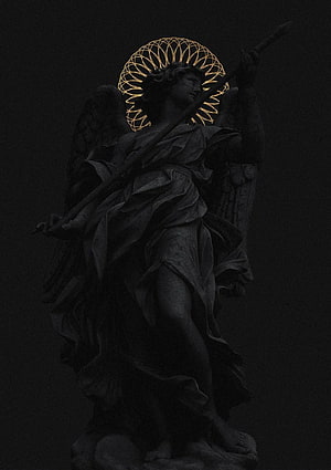 Dark Stone Angel Statue With Golden Geometric Halo And Spear HD phone wallpaper