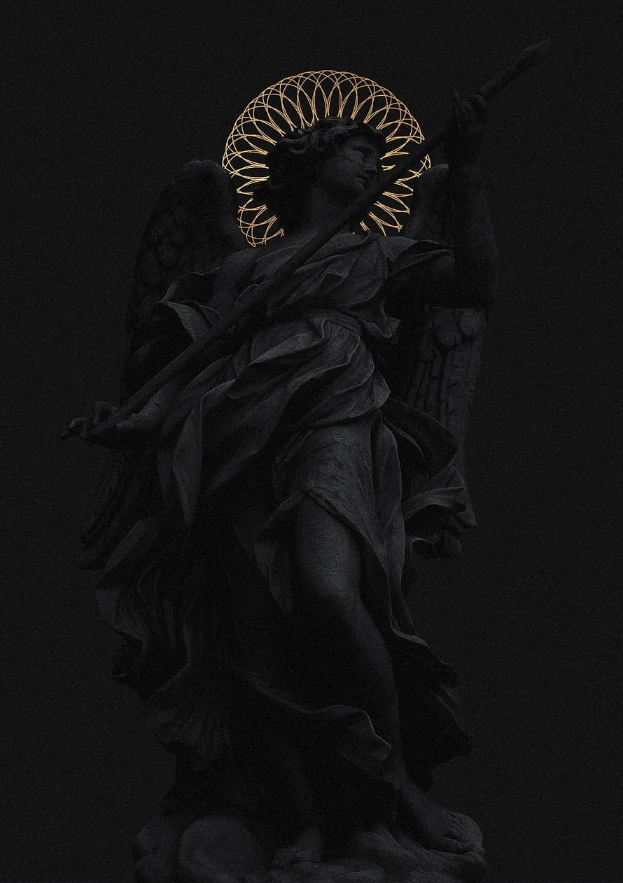 Dark Stone Angel Statue With Golden Geometric Halo And Spear HD phone wallpaper