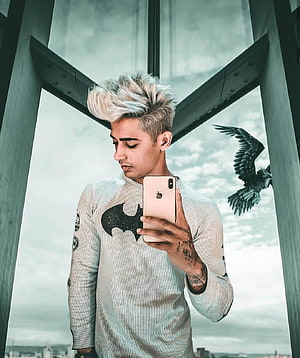 Danish Zehen Taking a Mirror Selfie in a White Pinstripe Shirt with a Batman Logo, Danish Zehen HD phone wallpaper