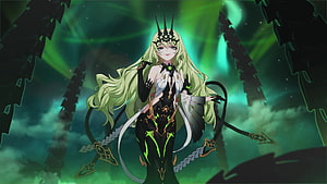 Mobius from Honkai Impact 3 in a dark forest with glowing green aurora and ornate black armor HD wallpaper