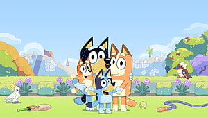 Bluey and Family Group Hug in Sunny Garden with Birds and Toys HD wallpaper