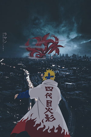 Minato Namikaze Fourth Hokage Watching Nine-Tails Fox Attack City Night HD phone wallpaper