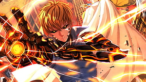 Anime Character in Glowing Mecha Armor with Fiery Energy Effects HD wallpaper