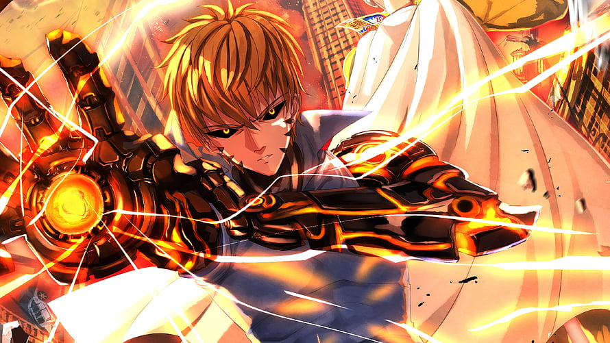 Anime Character in Glowing Mecha Armor with Fiery Energy Effects HD wallpaper
