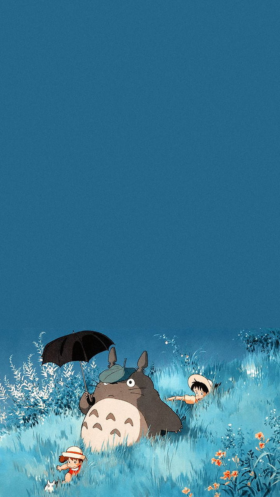 Totoro and Children in Blue Grass Field with Umbrella HD phone wallpaper