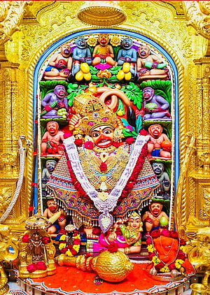 Vibrant Hanuman Idol Surrounded by Vanara Army in Golden Temple Shrine, Sarangpur Hanuman Mandir, #sarangpur HD phone wallpaper