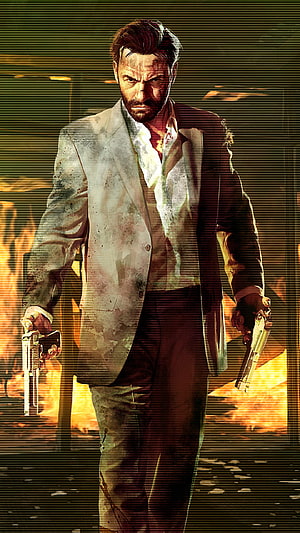 Max Payne 3 character art with dual pistols and fiery background HD phone wallpaper