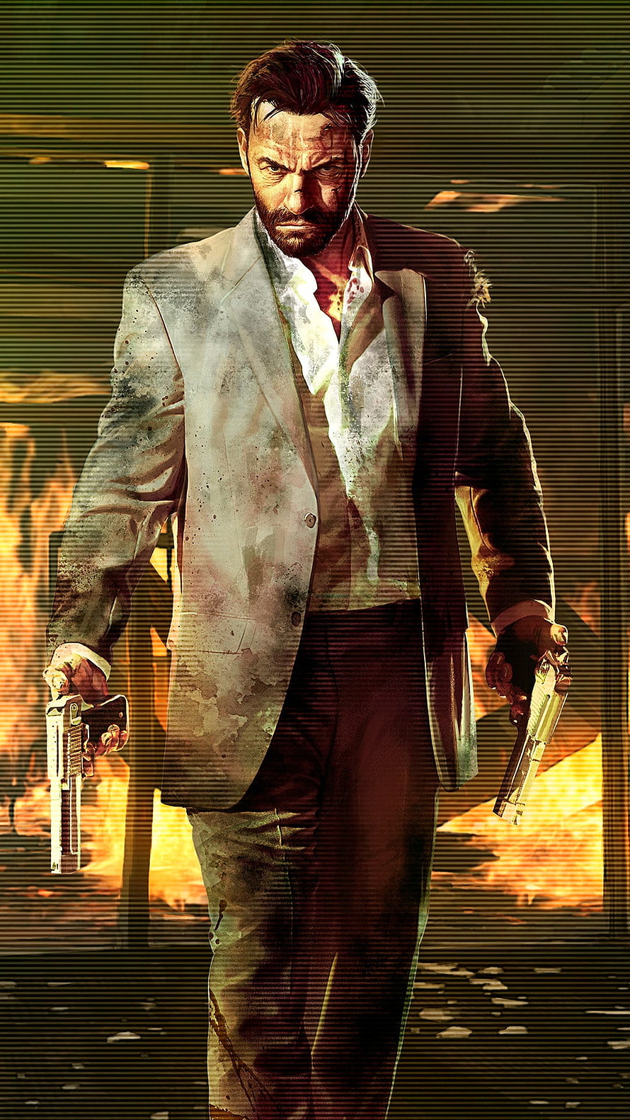 Max Payne 3 character art with dual pistols and fiery background HD phone wallpaper