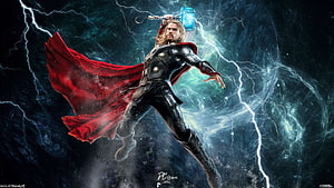 Thor Wielding Mjolnir Amidst Lightning Storms in Dark Cinematic Fantasy Art HD wallpaper