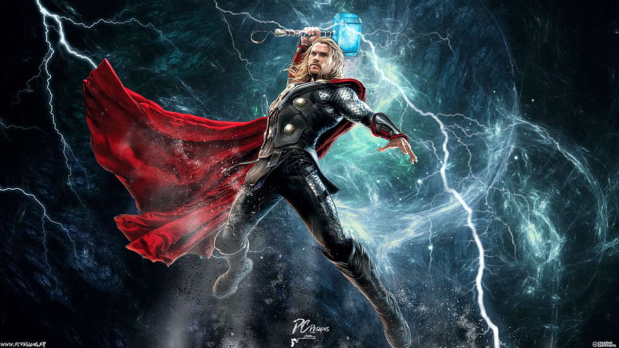 Thor Wielding Mjolnir Amidst Lightning Storms in Dark Cinematic Fantasy Art HD wallpaper
