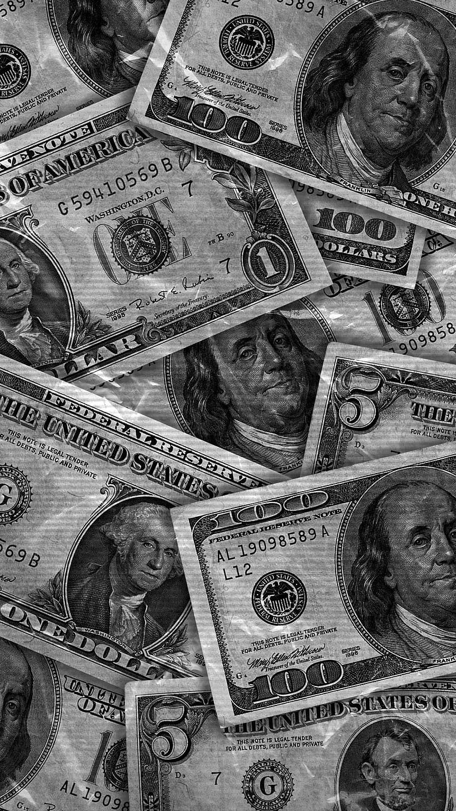 Black and White Scattered US Dollar Bills Background HD phone wallpaper