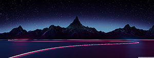 Neon Outrun Night Landscape with Glowing Mountain Ranges and Starry Sky HD wallpaper