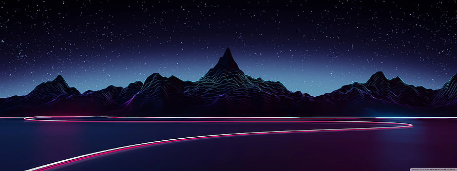 Neon Outrun Night Landscape with Glowing Mountain Ranges and Starry Sky HD wallpaper