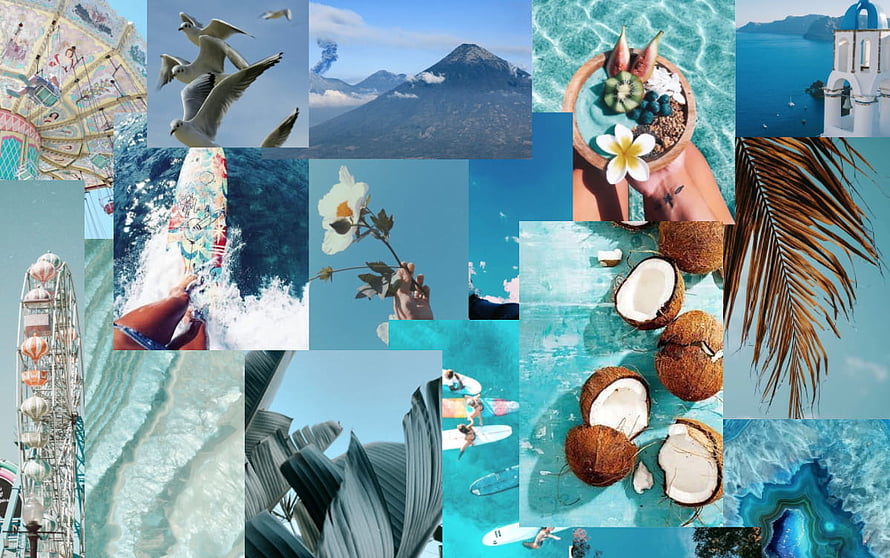 Aesthetic Summer Travel Collage with Tropical Coconuts, Ocean Waves, and Seaside Scenery HD wallpaper