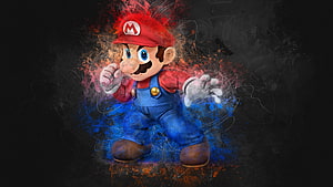 Mario in a dynamic pose with vibrant red and blue splashes on a dark background HD wallpaper
