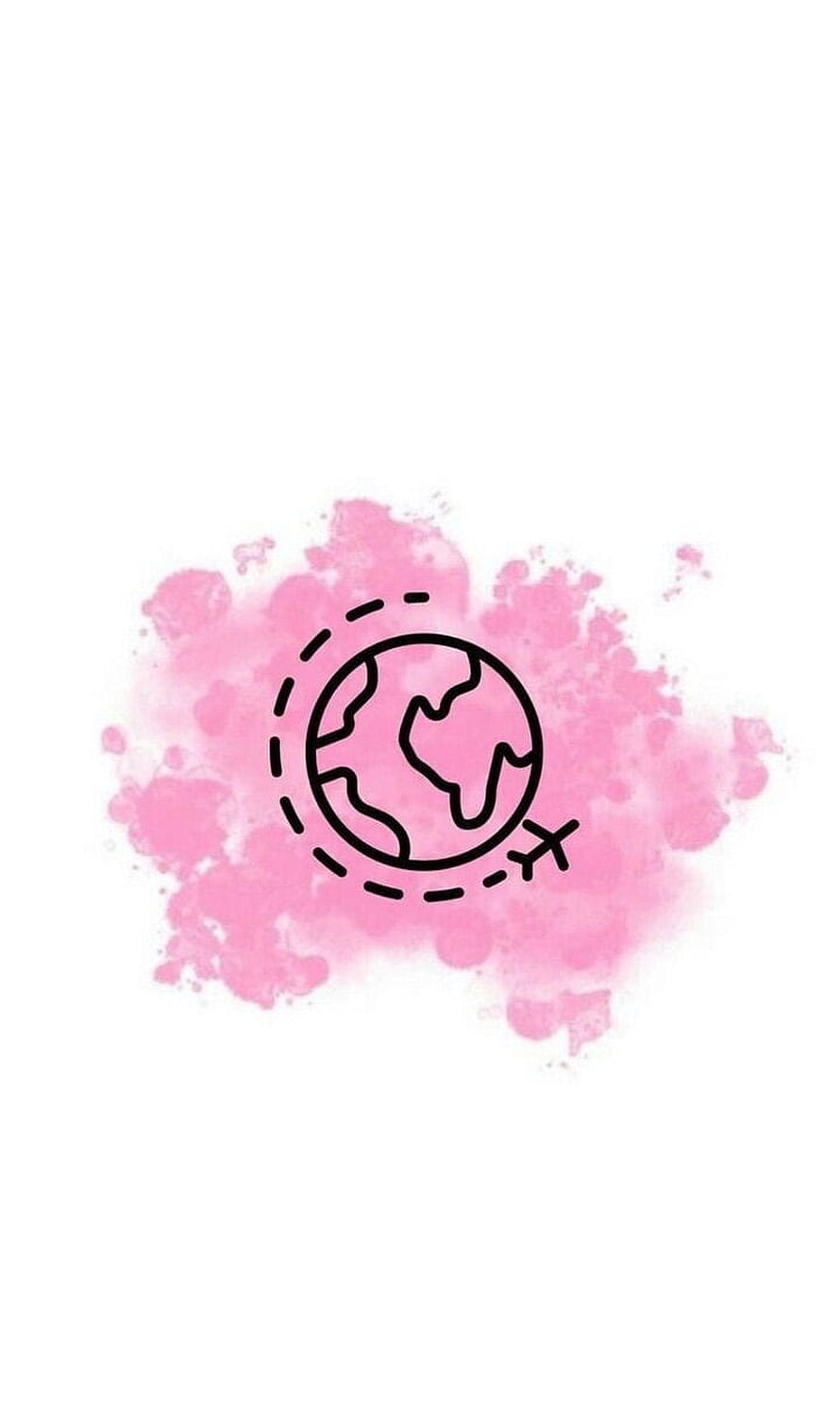 Pink Watercolor Earth Icon with Dashed Orbit and Cross Symbol on White Background HD phone wallpaper