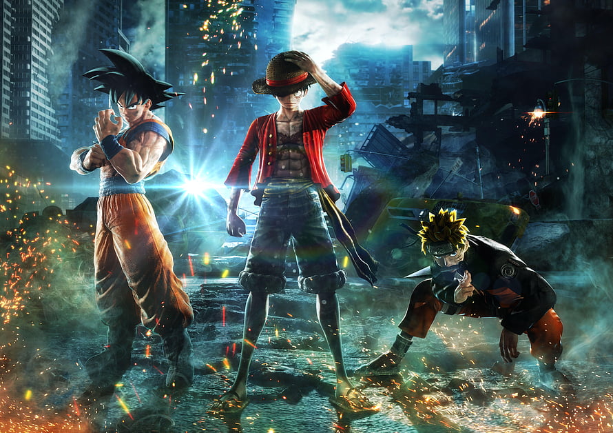 Goku, Luffy, and Naruto Team Up in Epic Anime Crossover Battle Scene HD wallpaper
