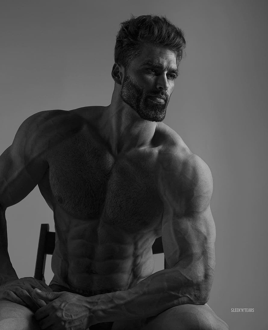 Black and white portrait of a muscular bearded man sitting shirtless, 11 Giga Chad ideas, #giga chad HD phone wallpaper