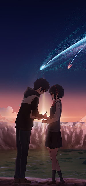 Your Name Anime Taki and Mitsuha Holding Hands Under Comet Tiamat HD phone wallpaper